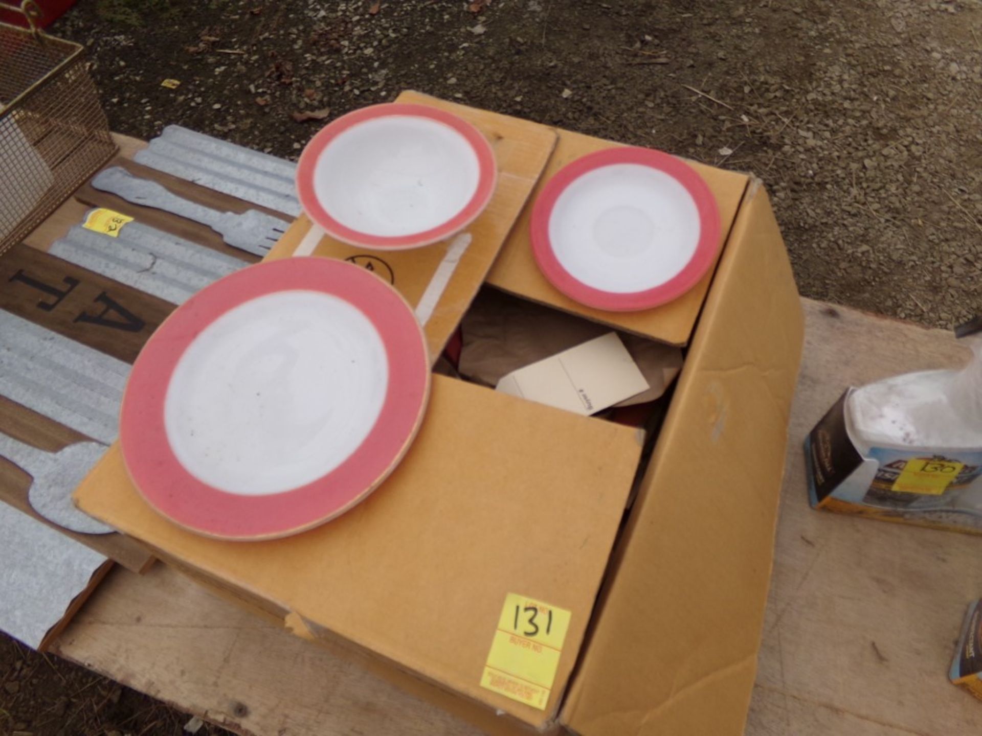 Box With Dinner Plates, Salad Bowls and Saucers (White and Pink With Gold Trim), (In Tent Building)