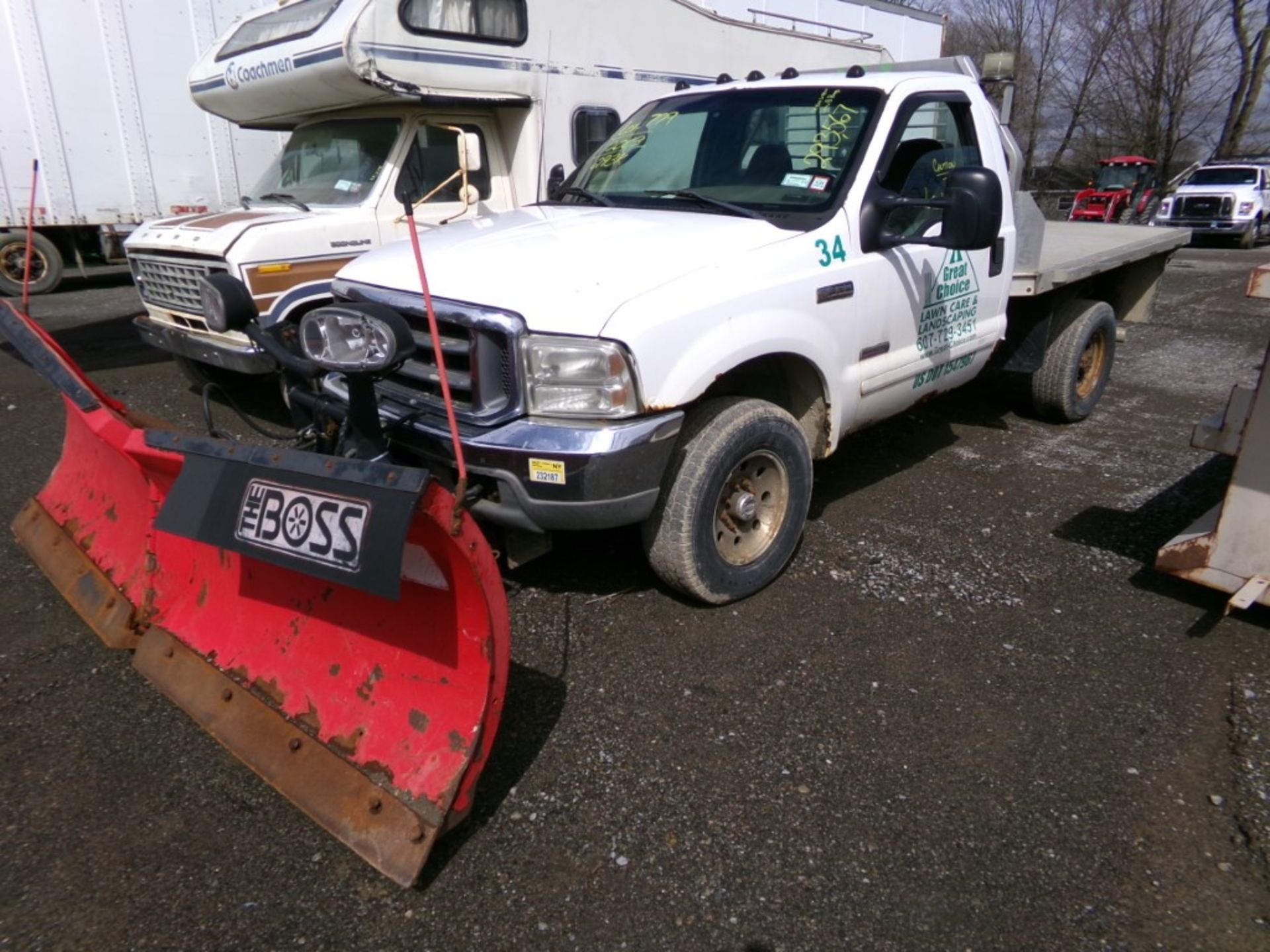 2003 Ford F350 SRW XLT Reg. Cab 4x4, Dsl. White, Flatbed Approx. 9' Boss V-Plow, 293,567 Miles,