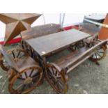 Wagon Wheel Style , Rustic, Picnic Table Set, Table, 2 Benches, 2 Chairs