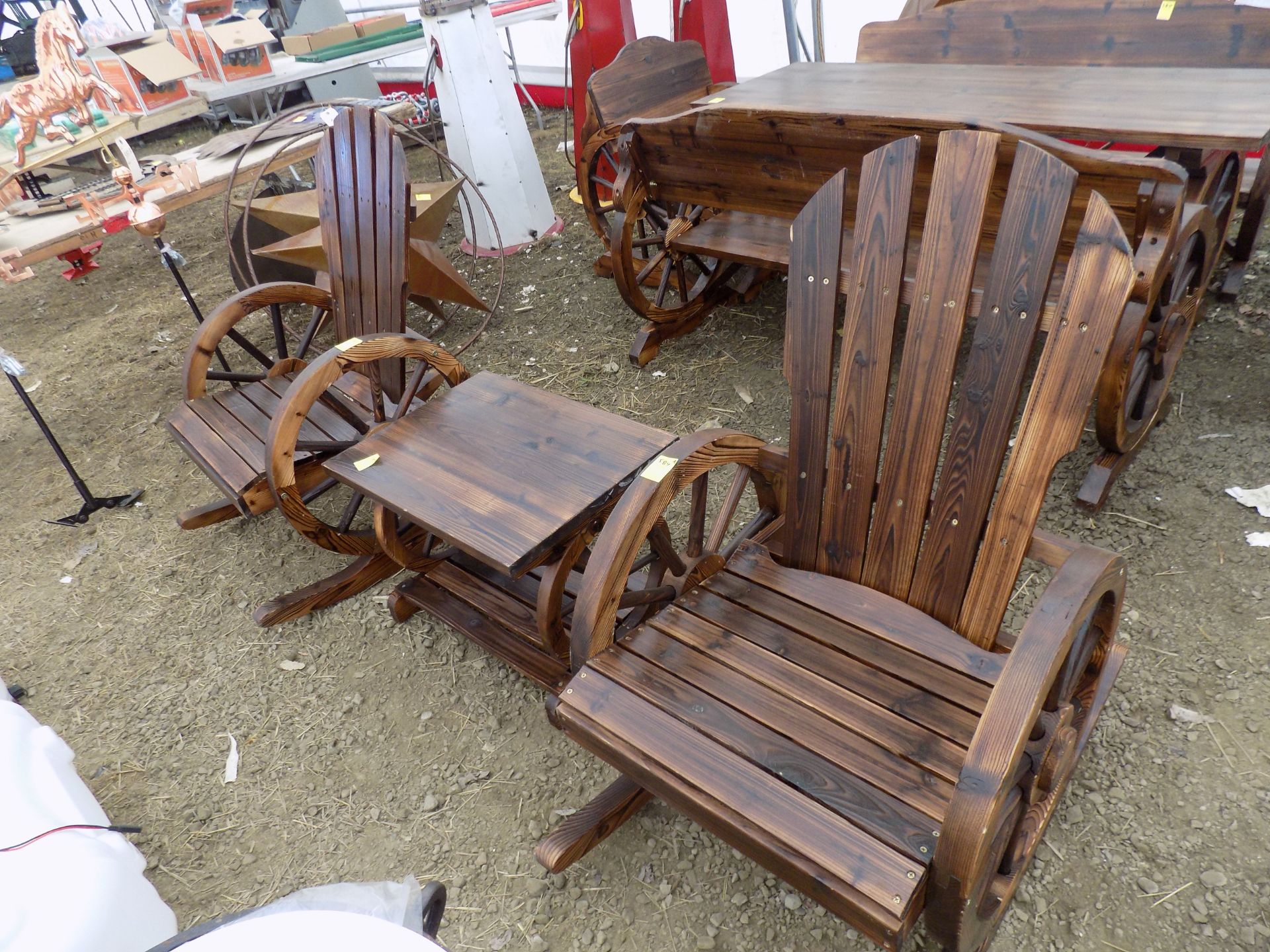 Wagon Wheel Style, Rustic, Adirondack Chairs And Table, 3 Piece Set