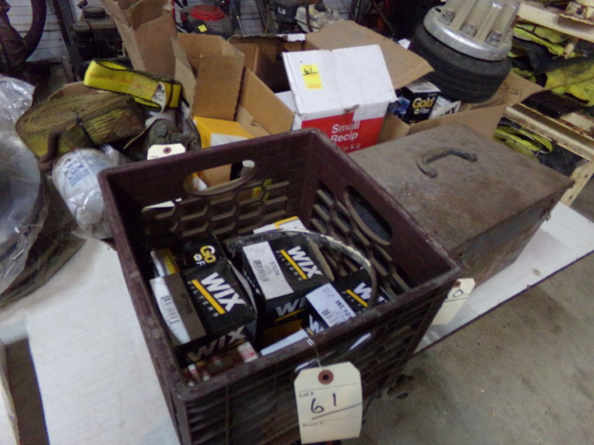 (5) Boxes with Misc. Oil Filters, Lubricants, U-Bolts, Small Tire, Wheel Center Cover, Etc.