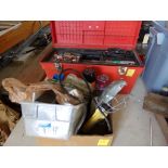 Red Tool Box (Mostly Empty) & Box w/ Misc. Tools, Drop Light, Electrical Supplies, Etc.