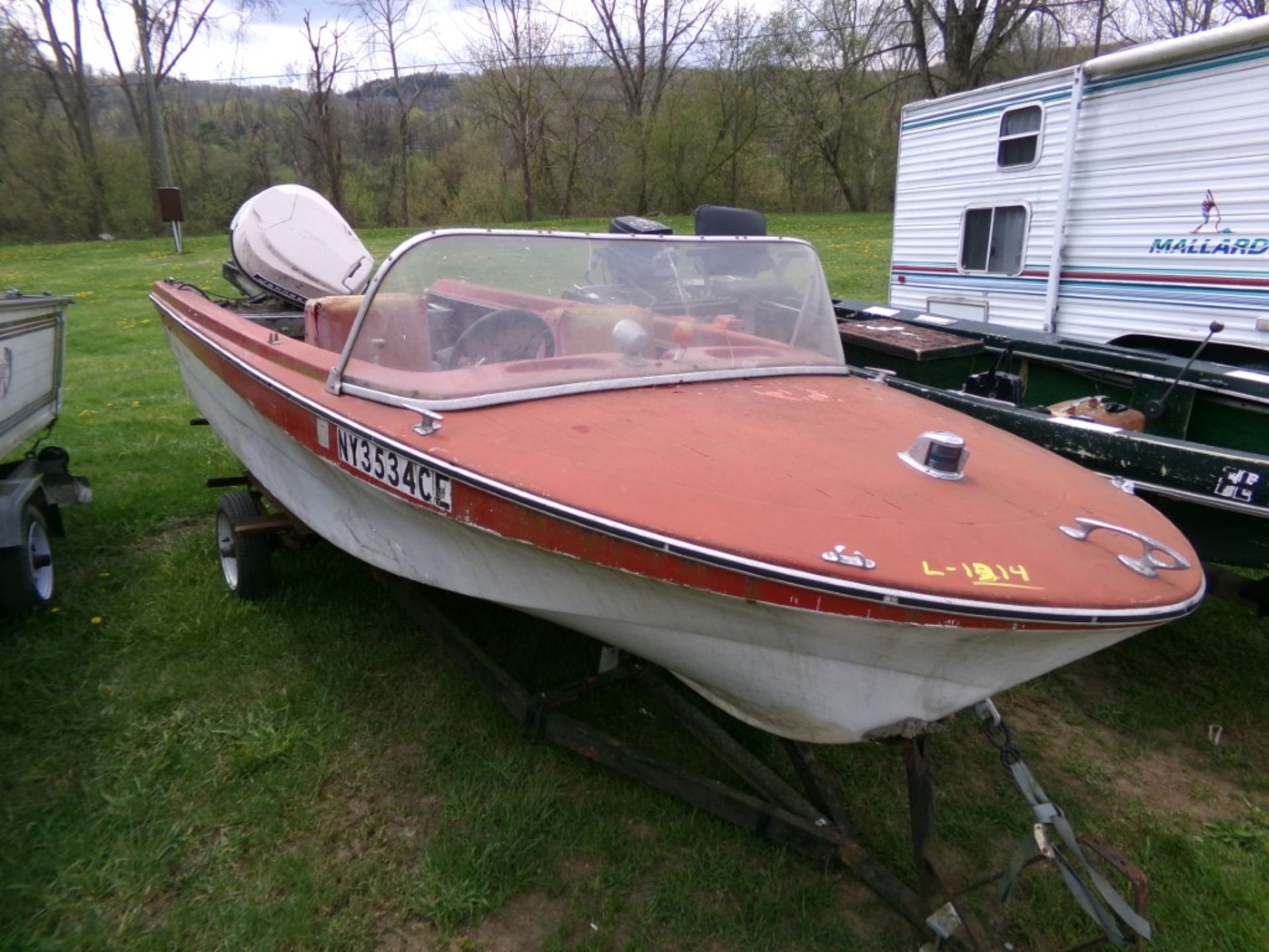 14-16' Closed Bow Fiberglass Boat with 80 HP Johnson Outboard on Single Axle Trailer, NO PAPERWORK /