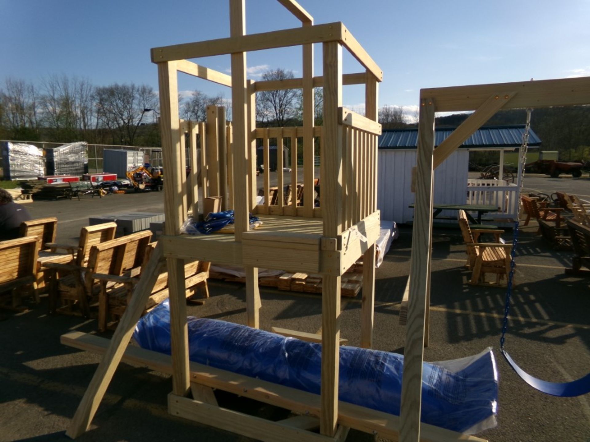 Unfinished Amish Made Swing Set, (2) Swings, Trapeze, Slide and Canopy, Dissembled (4490)
