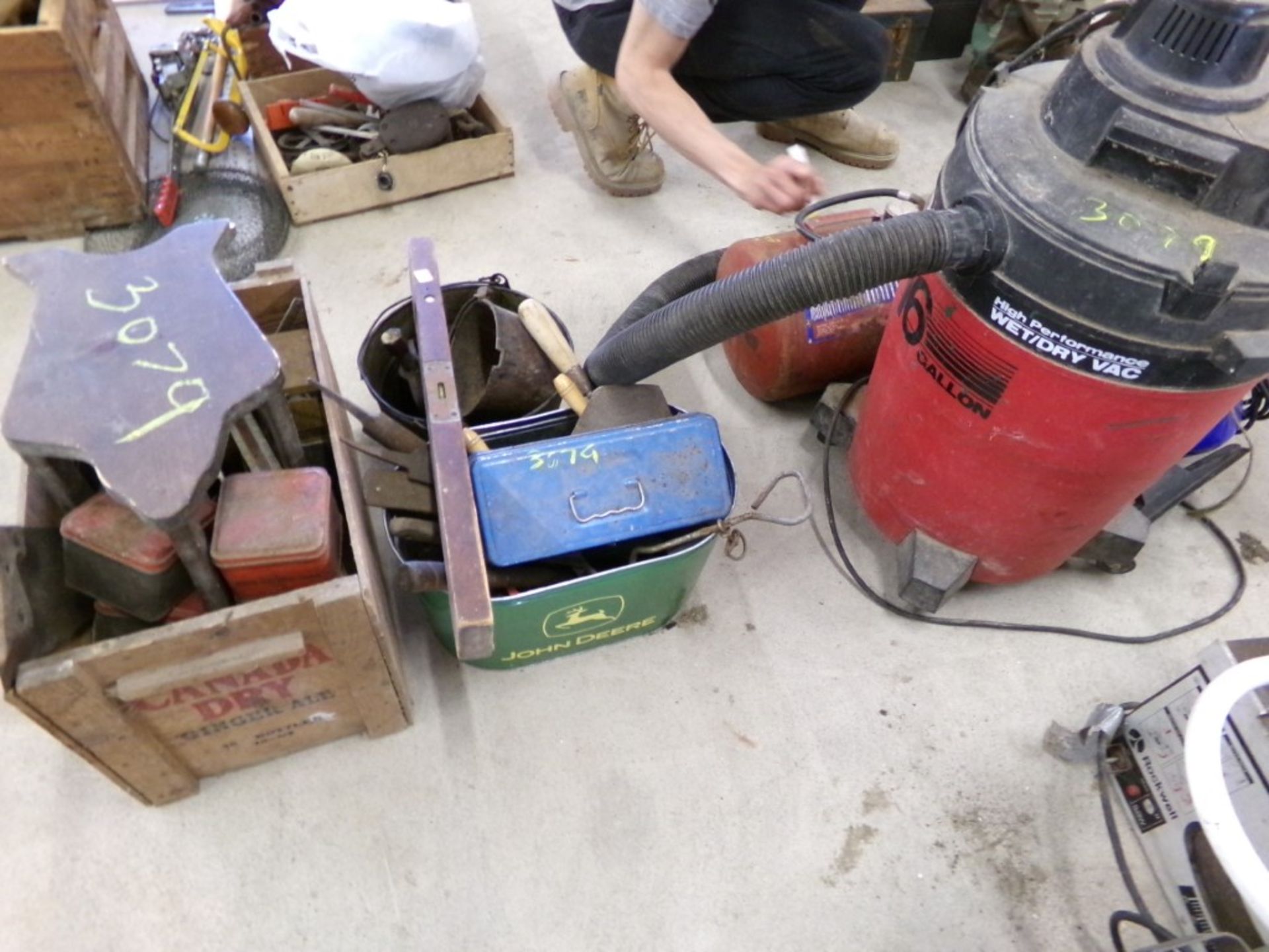 Wooden Box with Tools, (2) Buckets, 6 Gal. Vacuum, Air Tank and Electric Pressure Washer(3079)