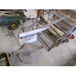 Wooden Wheelbarrow, Bench with Vise, Steel Shelf, Axe Handles and Grindstone (3067)