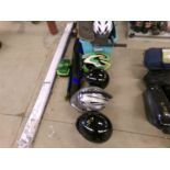 Blue Tote with Skateboards, (5) Helmets, Boxing Gloves, (3) Fishing Poles, New Folding Door and