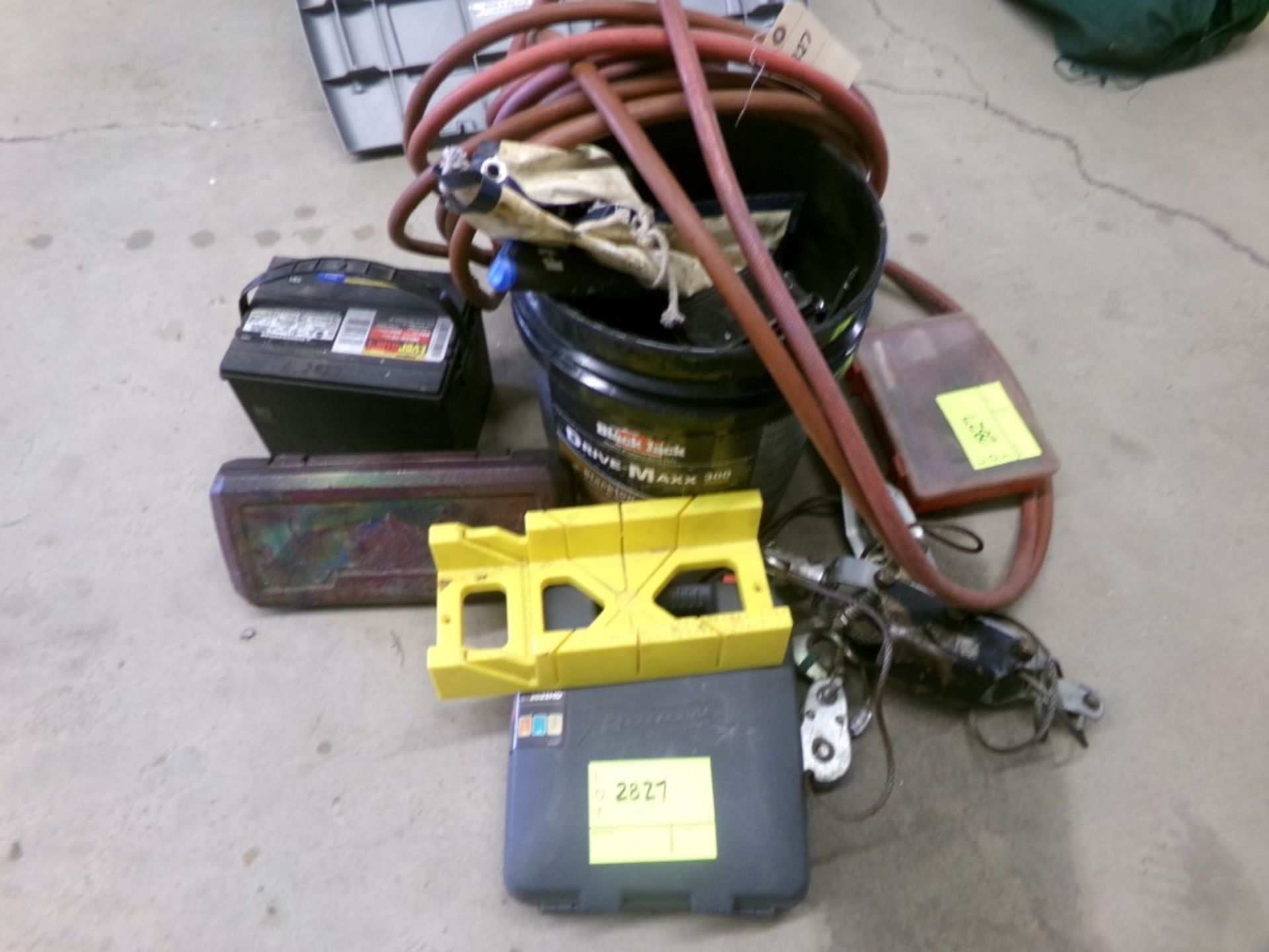 Come-along, Air Hose, Bucket of Sockets and a Battery (2827)