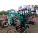 New AGT Industrial QH13R Mini Excavator with Full Cab, Grader Blade and Stationary Thumbs, Blue