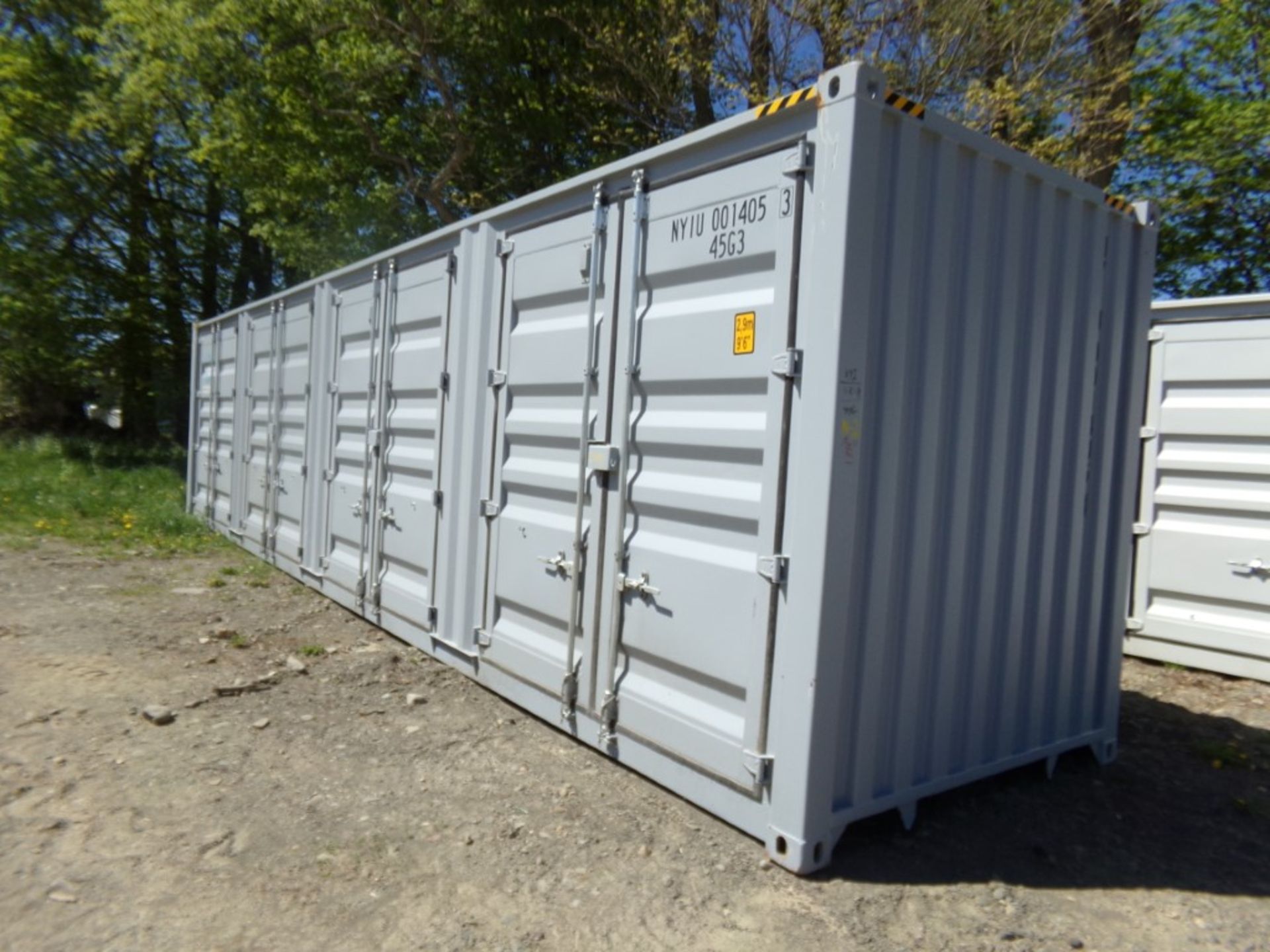 New 40' Light Gray Storage Container with (4) Side Access Doors, Barn Door on 1 End, Cont #