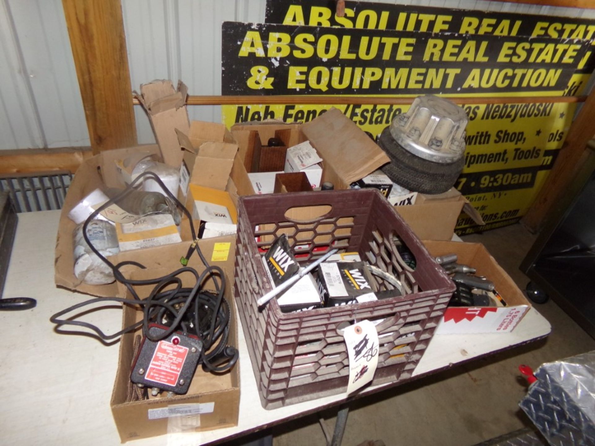 Group of Misc. on Table in Corner, Filters, Fluids, Soldering Iron, Etc.