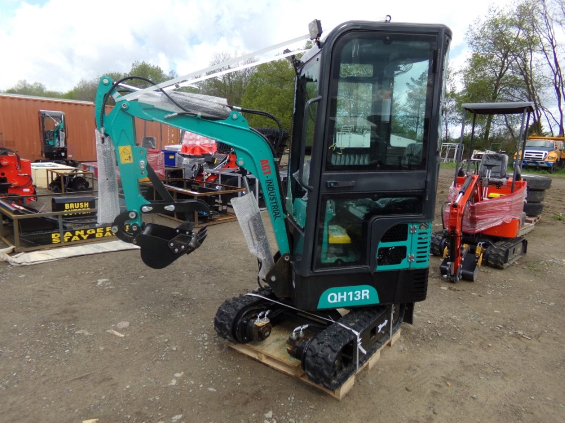 New AGT Industrial QH13R Full Cab Mini Excavator with Grader Blade, Stationary Thumb, BROKEN