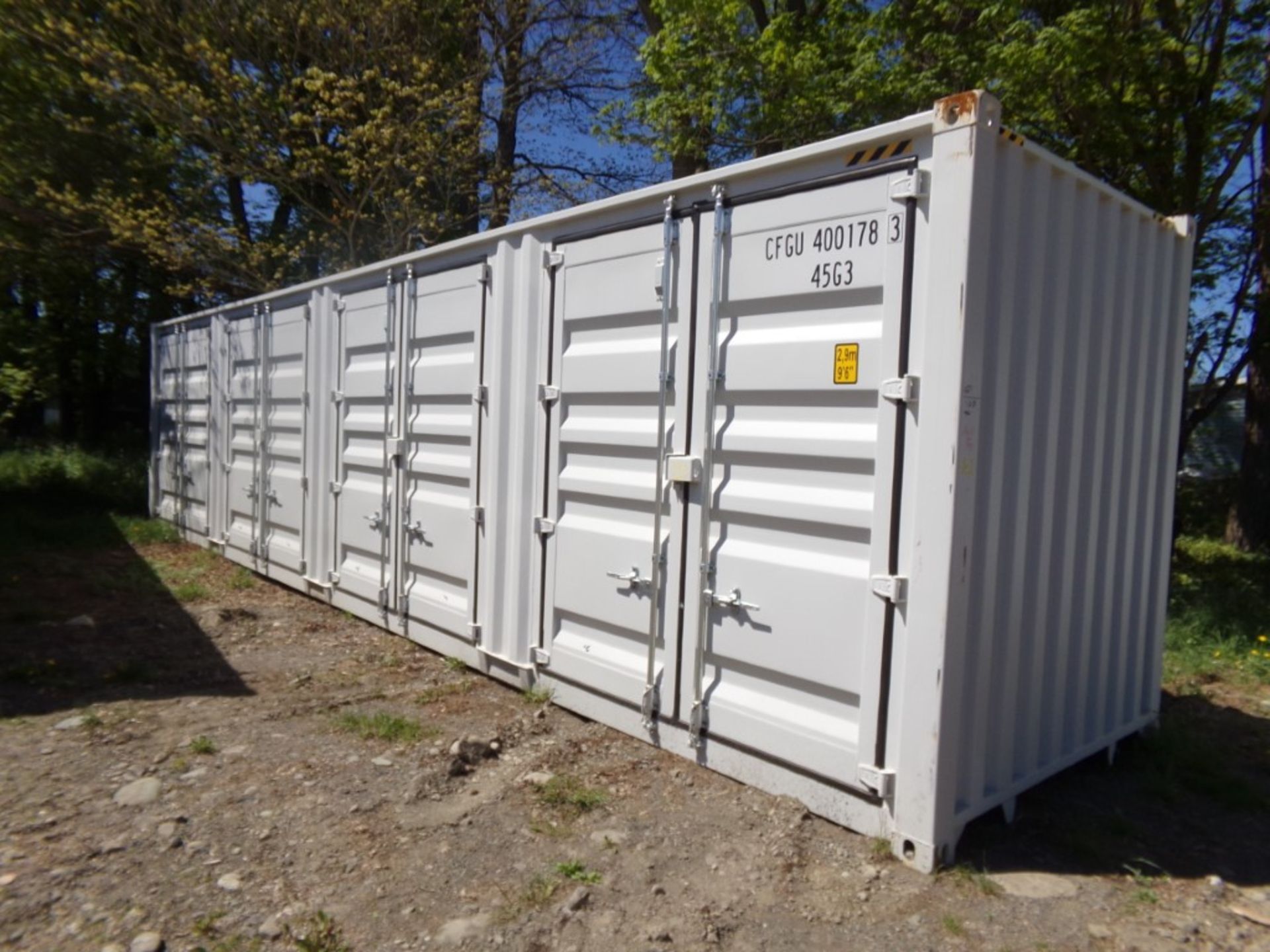 New 40' Off White Storage Container with (4) Side Access Doors, Barn Door on 1 End, Cont#