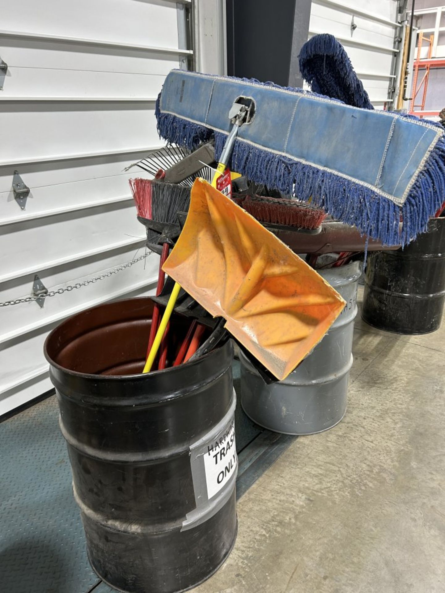 BARREL OF ASSORTED BROOMS, SQUEEGEES, SHOVELS, DUST MOPS, ETC. - Image 2 of 2