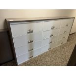 (3) 4-DRAWER FILE CABINETS WITH WRAP AROUND CASE BOARD, 110''W X 18-1/2'' D X 53-1/2''T