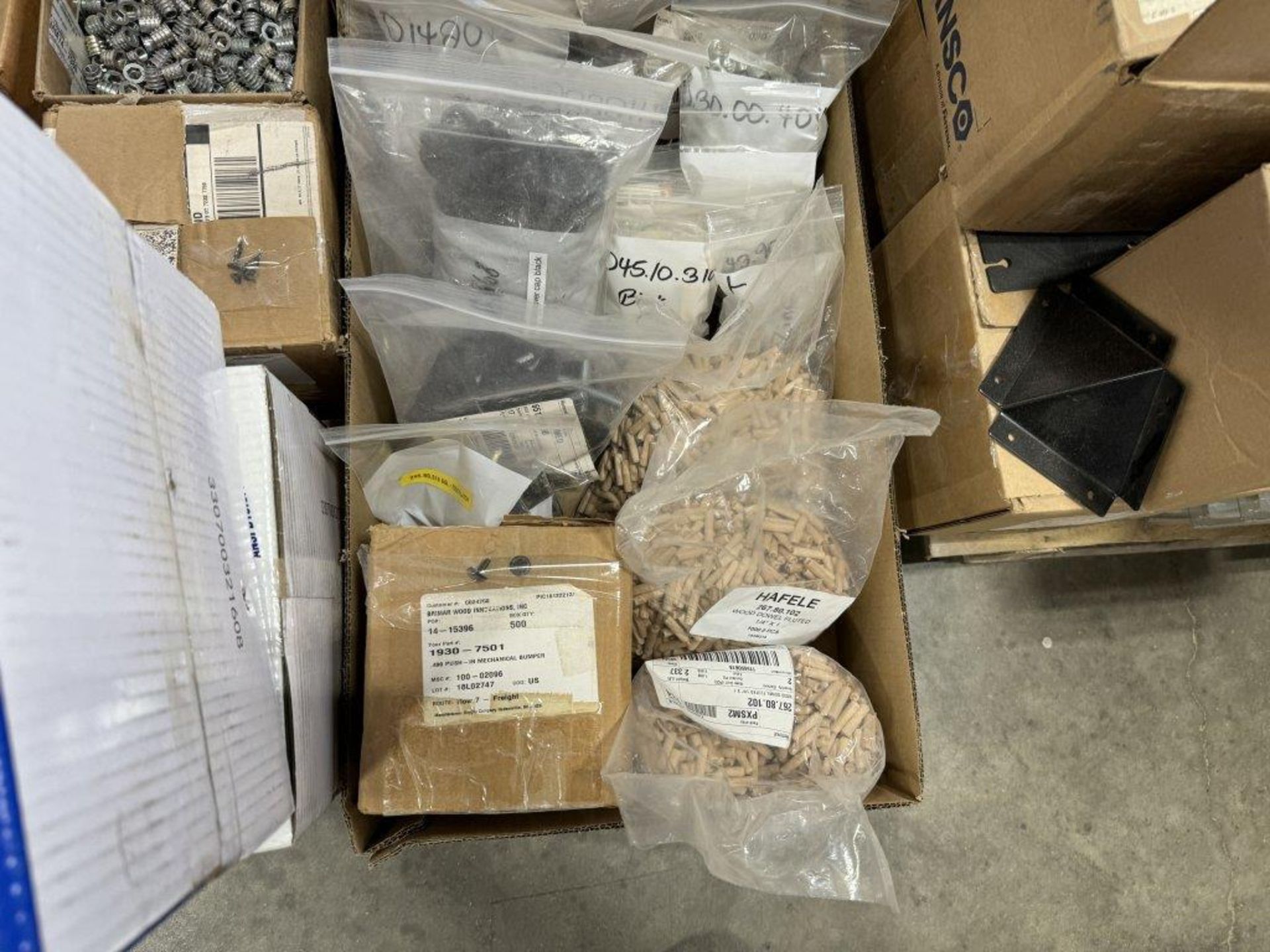 PALLET OF ASSORTED FASTENERS, WOOD DOWELS, HARDWARE, ETC. - Image 2 of 4