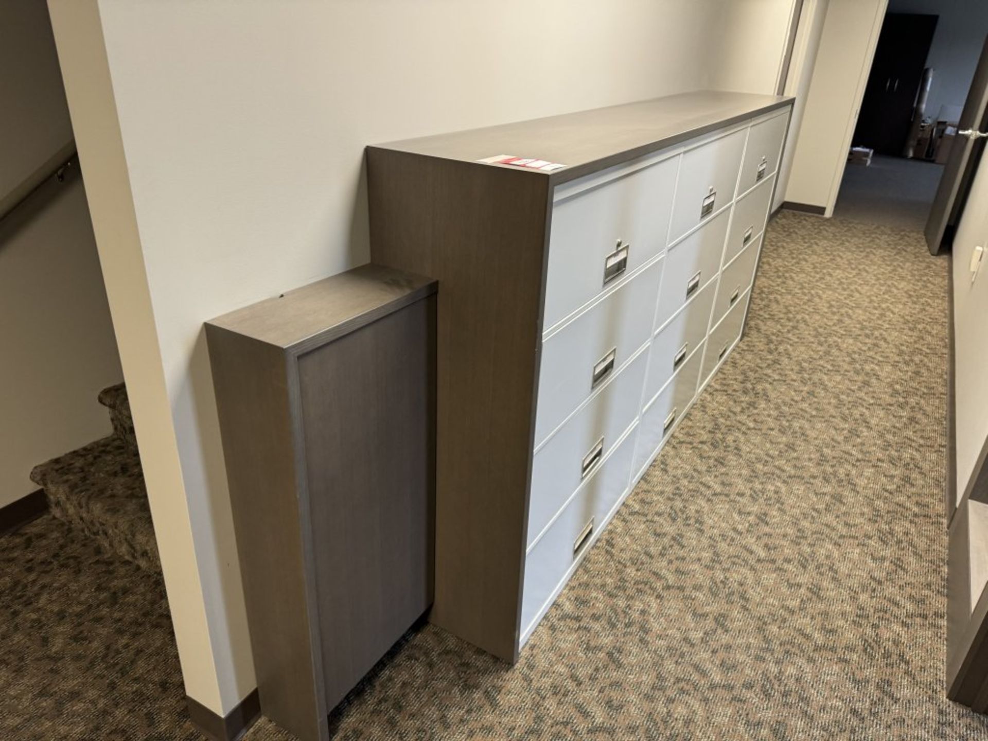 (3) 4-DRAWER FILE CABINETS WITH WRAP AROUND CASE BOARD, 110''W X 18-1/2'' D X 53-1/2''T - Image 5 of 5