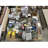LARGE PALLET FULL OF ASSORTED FUSES, SWITCHES, OUTLETS, LIGHT BULBS, SPRINGS, ETC.