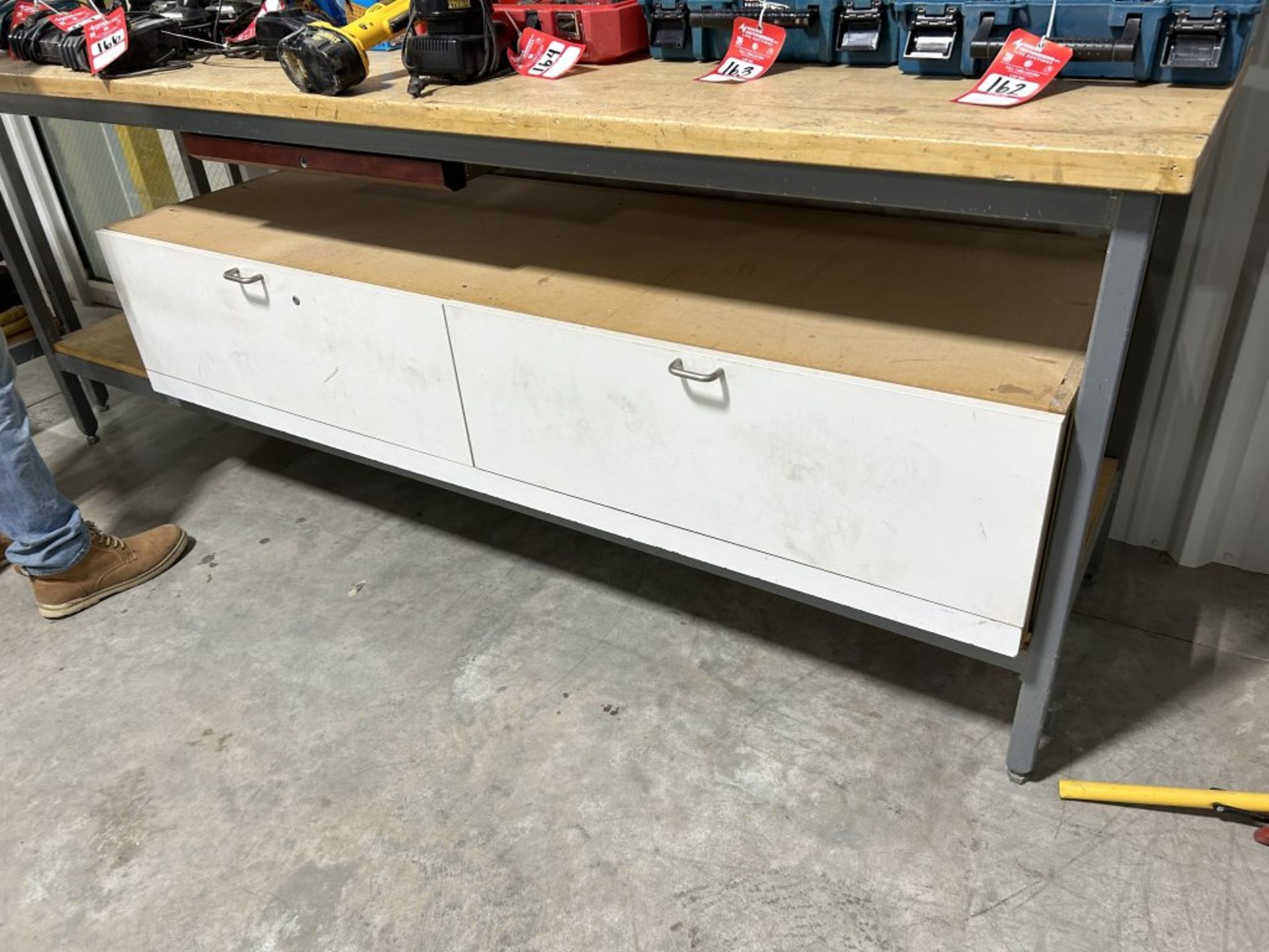 (2) 8'W X 24''D X 26''T WORK BENCHES, METAL FRAMES WITH WOOD TOPS - Image 4 of 7