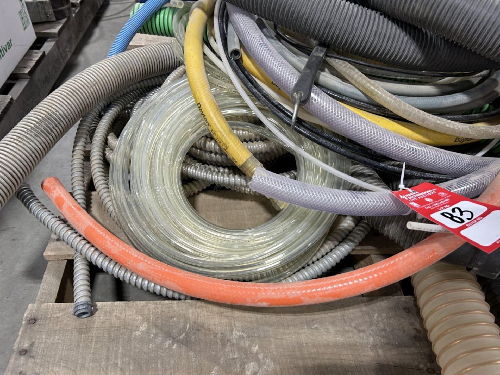 PALLET FULL OF ASSORTED HOSES, VARIOUS SIZES, WITH ASSORTED FUNNELS, PARTS, PIECES, TACK LIFE 2- - Image 2 of 9