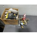 BOX FULL OF ASSORTED STAPLE GUN STAPLES AND ASSORTED PNEUMATIC GAUGES AND FITTINGS