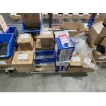 PALLET OF ASSORTED FASTENERS, WOOD DOWELS, HARDWARE, ETC.