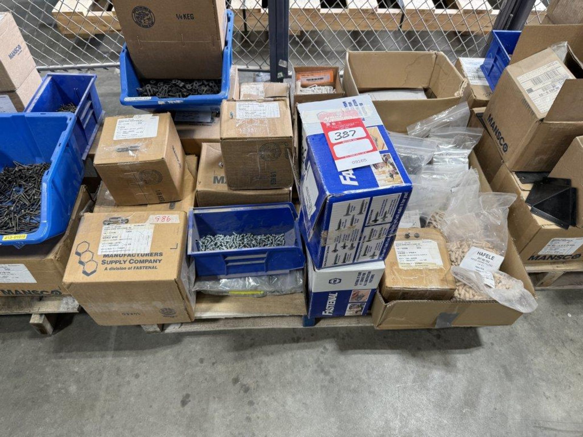 PALLET OF ASSORTED FASTENERS, WOOD DOWELS, HARDWARE, ETC.