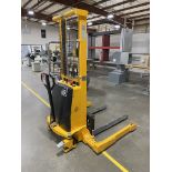 ULINE H-5439 STRADDLE STACKER ELECTRIC FORKLIFT, ELECTRIC LIFT ONLY, MANUAL MOVING, 63'' LIFT