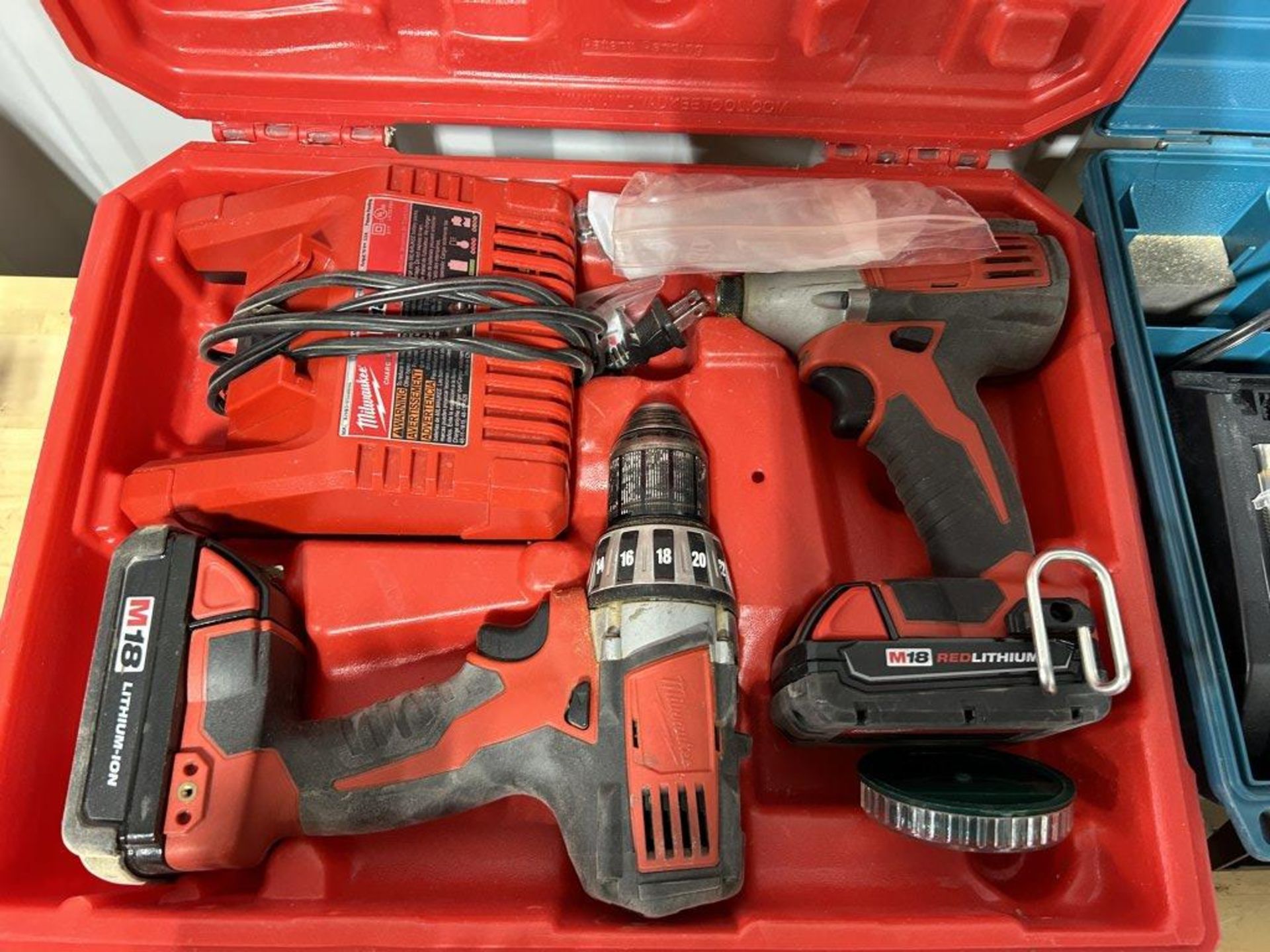 MILWAUKEE M18 LITHIUM ION IMPACT & CORDLESS DRILL SET, (2) BATTERIES, WITH CHARGER AND CASE, AND - Image 2 of 8