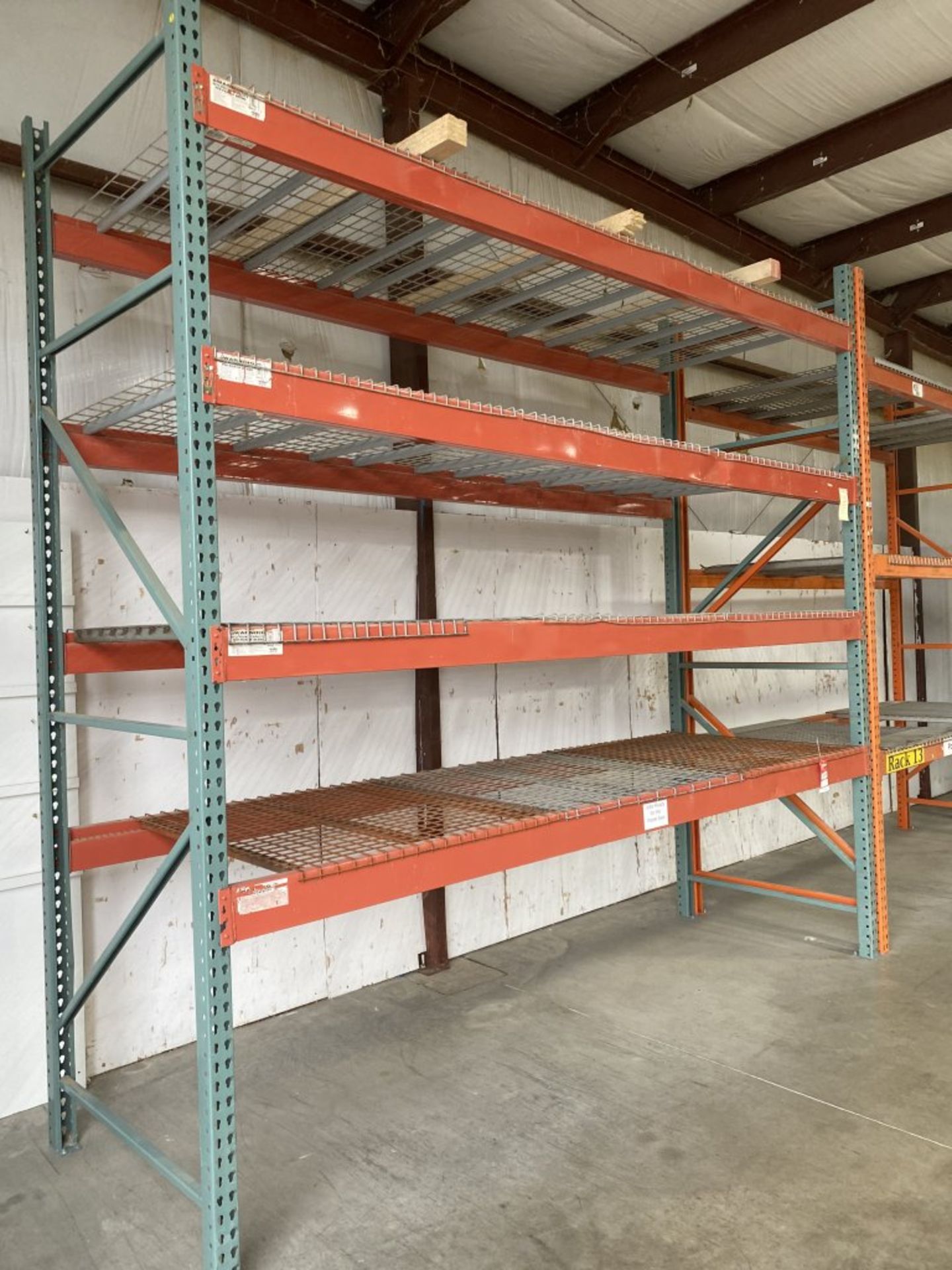 PALLET RACKING (2) 12' X 48'' UPRIGHTS, (8) 12' CROSS BEAMS, (12) METAL DECK SECTIONS