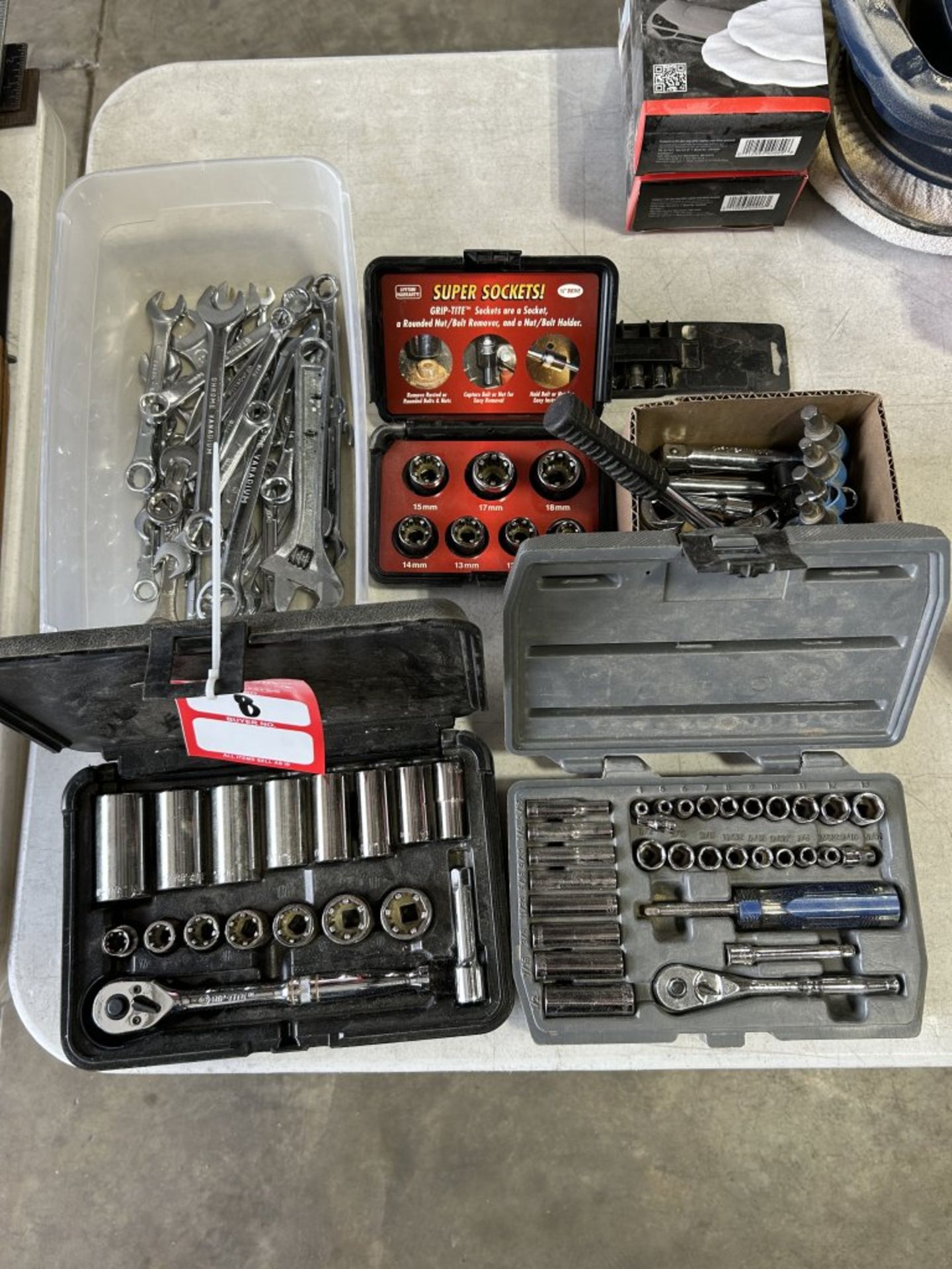 ASSORTED SOCKET SETS, WRENCHES, SUPER SOCKETS, ETC.