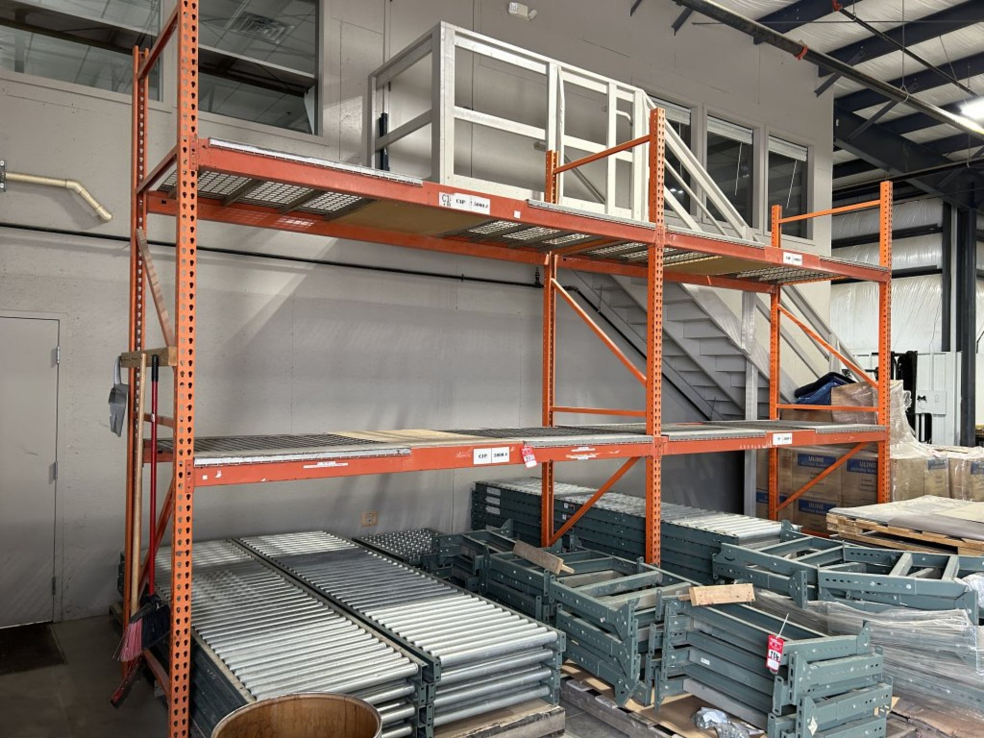 PALLET RACKING SECTION, (3) 12'T X 4'D UPRIGHTS, (8) 10' WIDE CROSSBEAMS, (8) METAL MESH SECTIONS