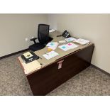 L-SHAPED OFFICE DESK, APPROX 82'' X 64'' WITH OFFICE CHAIR, 4-DRAWER CABINET 30'' X 19'' X 55''