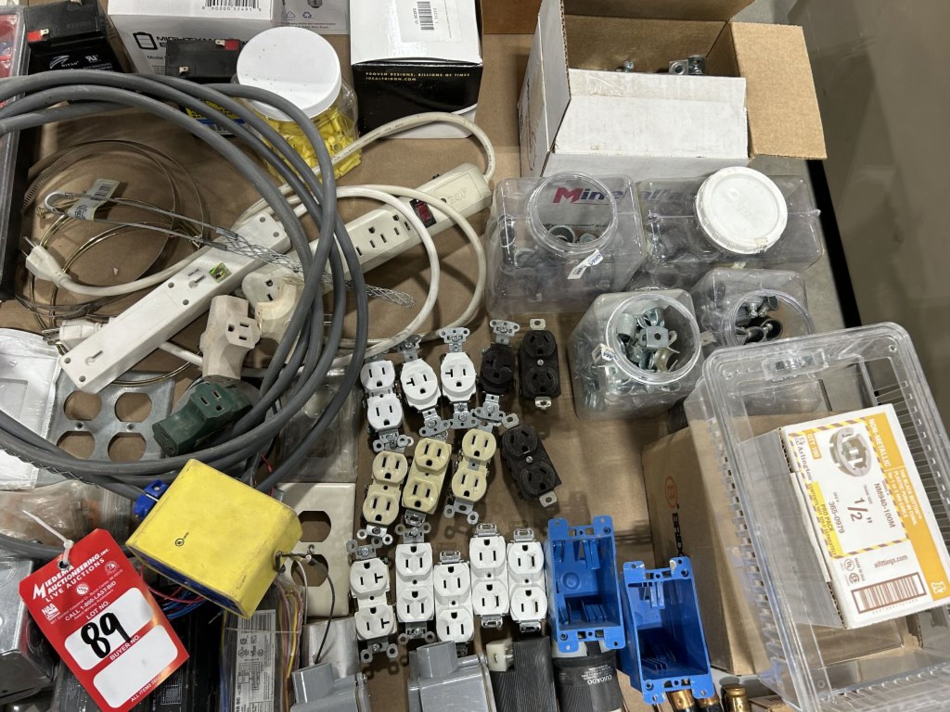 LARGE PALLET FULL OF ASSORTED FUSES, SWITCHES, OUTLETS, LIGHT BULBS, SPRINGS, ETC. - Image 7 of 7