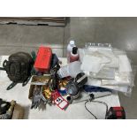 LOT OF ASSORTED INCLUDING KNEE PADS, HAND TOOLS, ADHESIVE SPRAY, PLASTIC BAGS, ETC.