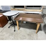 DESK/TABLE 48" X 30", WITH 32" WIDE LEMON SHAPED ROLL-AROUND ADJUSTMENT HEIGHT TABLE