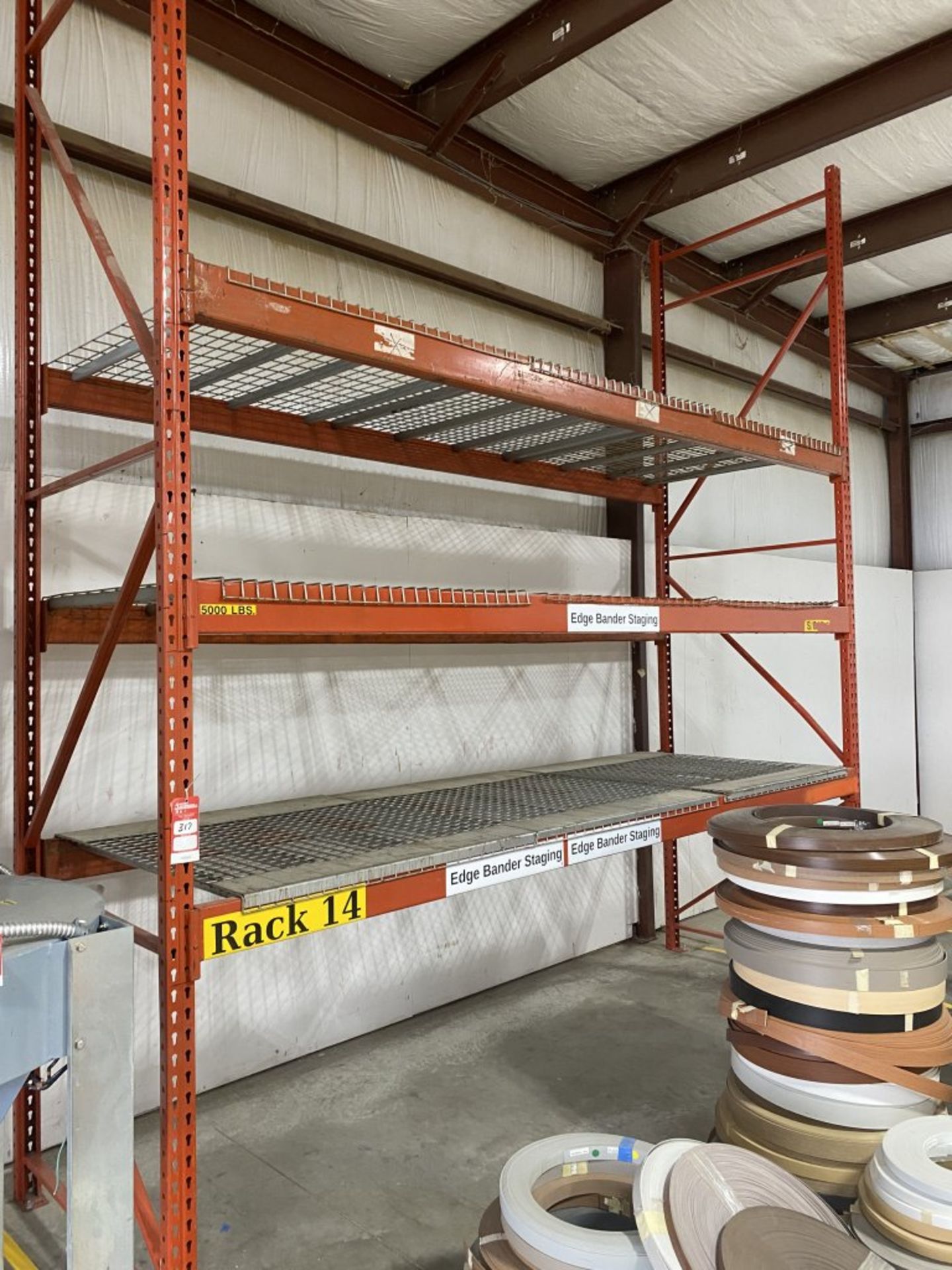 PALLET RACKING (2) 14' X 48'' UPRIGHTS, (6) 12' CROSS BEAMS, WITH (9) METAL DECK SECTIONS