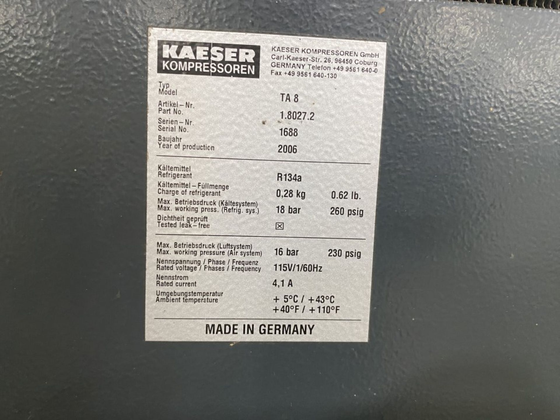 2006 KAESER SM7.5 AIR COMPRESSOR, 125 PSI, 3-PHASE, 8-HP, 230 VOLT, S/N: 1163 - Image 8 of 11