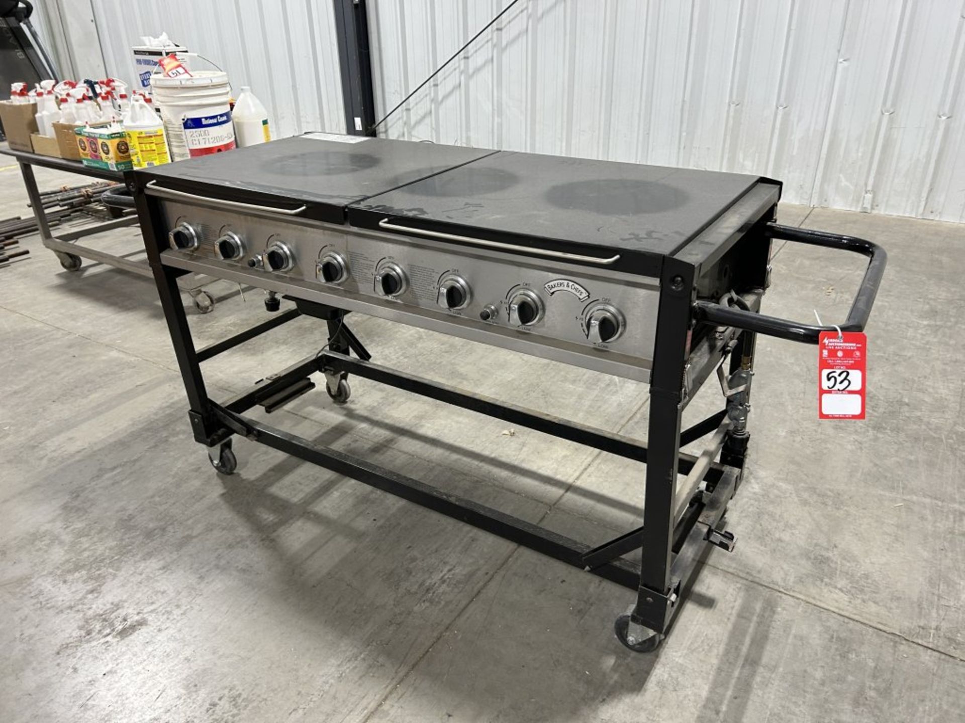 BECKERS & CHEFS 8-BURNER PROPANE GRILL, ROLL-AROUND, SET UP FOR 2 TANKS