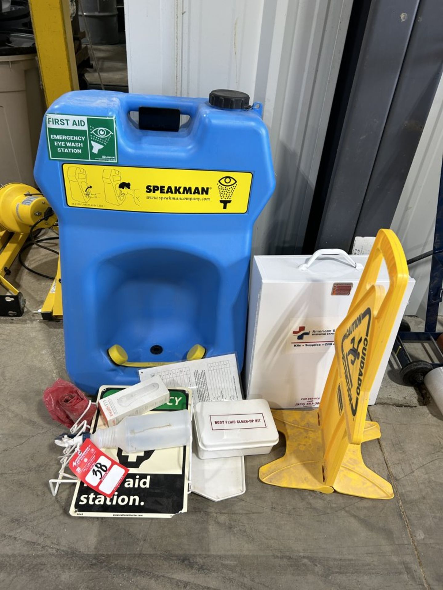 SPEAKMAN EYEWASH STATION, FIRST AID KIT, CAUTION SIGN, AND MORE.