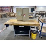 SHOP TABLE WITH 70-1/2'' X 30'' WOOD TOP, 35'' TALL, WITH 2-DOOR METAL CABINET