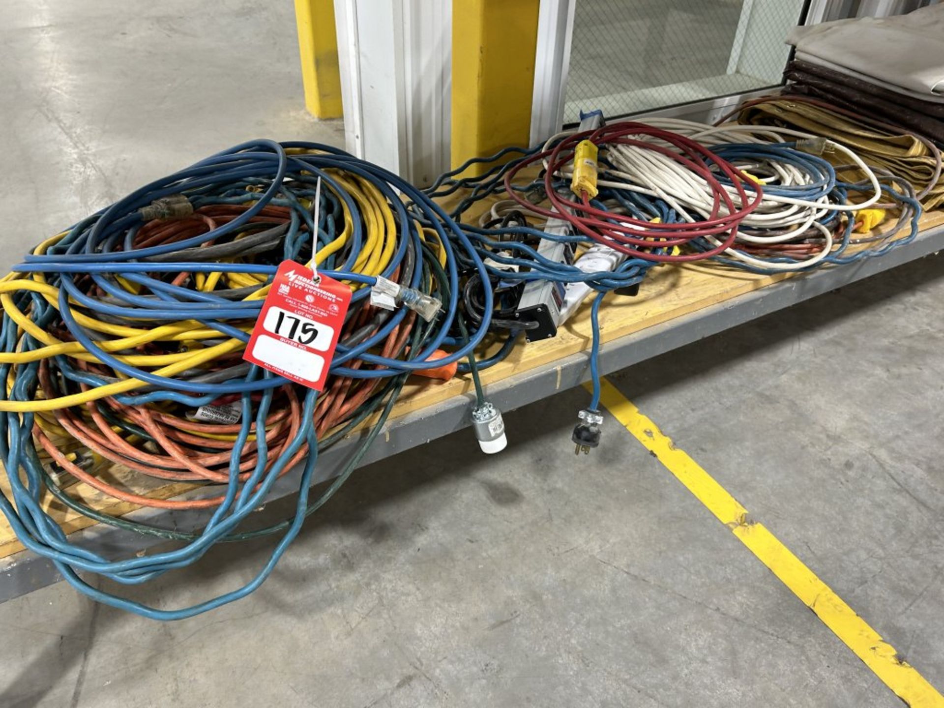 (10) ASSORTED EXTENSION CORDS, MULTI-PLUGS, AND (5) ASSORTED TARPS