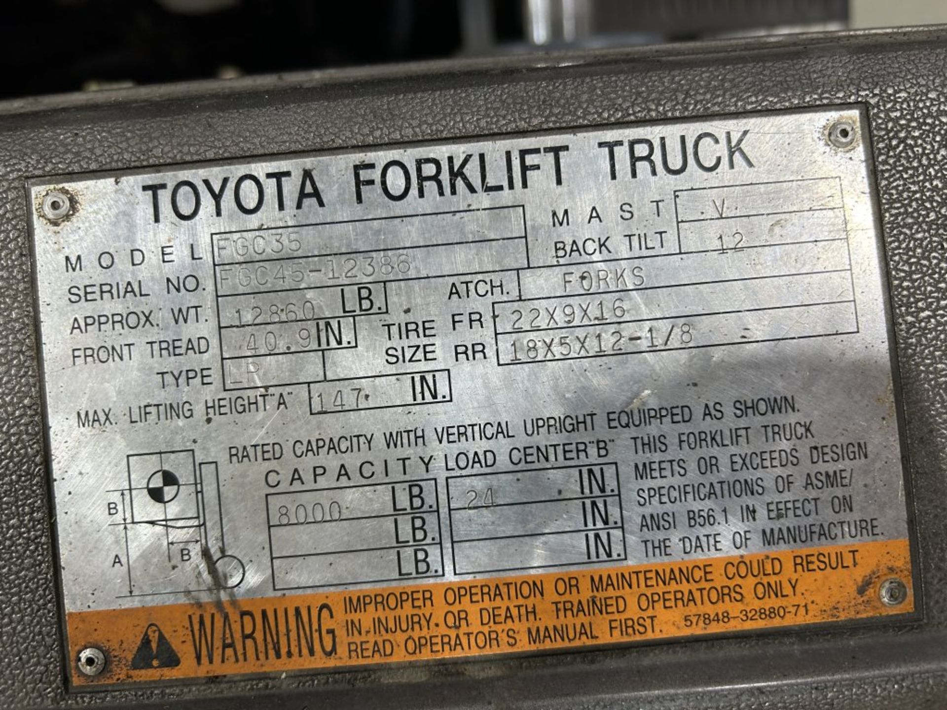 TOYOTA FGC35 FORKLIFT, 2-STAGE, 8000 LBS CAPACITY, LP GAS, SOLID TIRES, 48'' FORKS, 5626 HOURS - Image 22 of 22