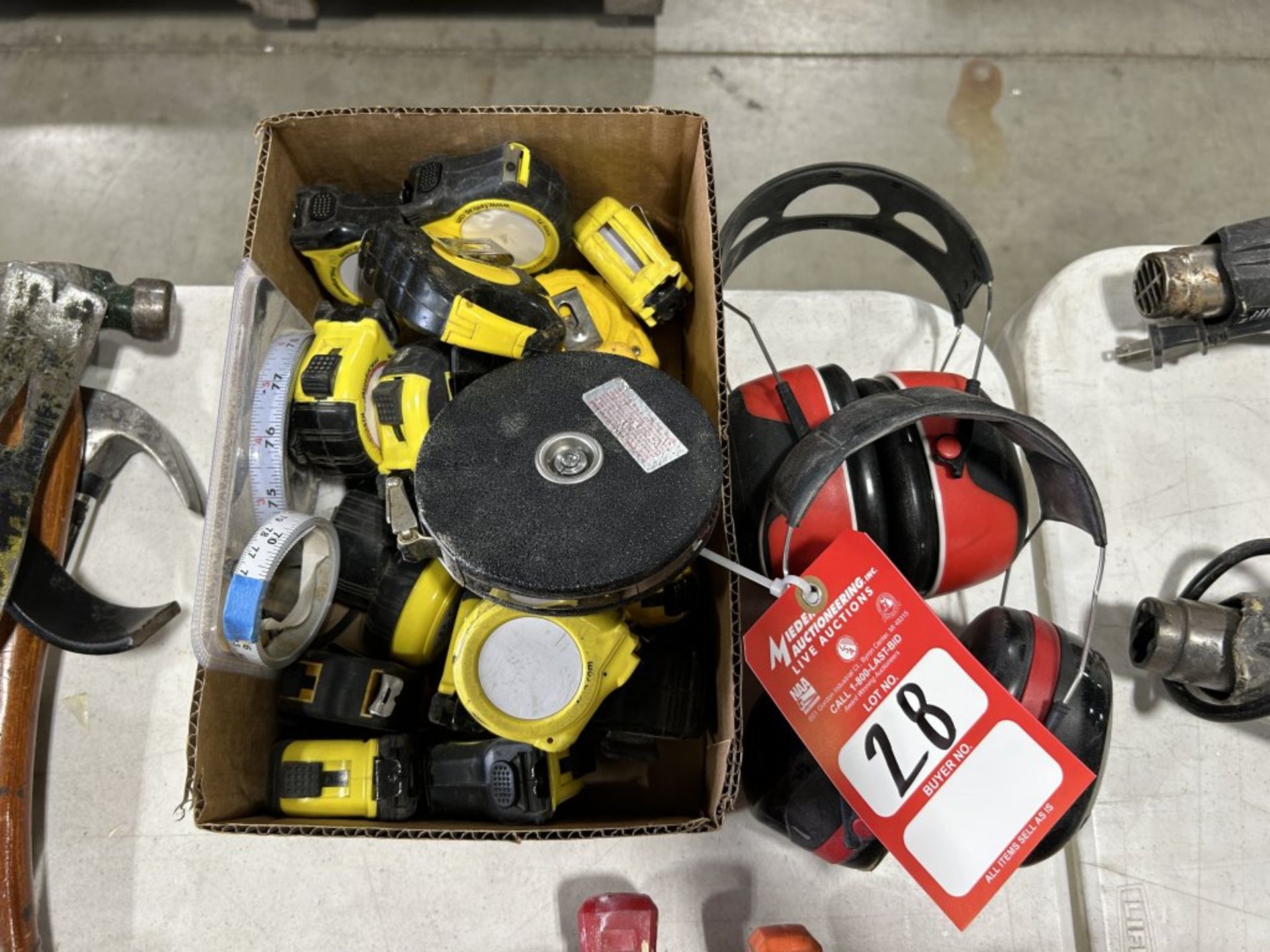 BOX OF APPROX. (20) TAPE MEASURES, (2) EAR MUFFS