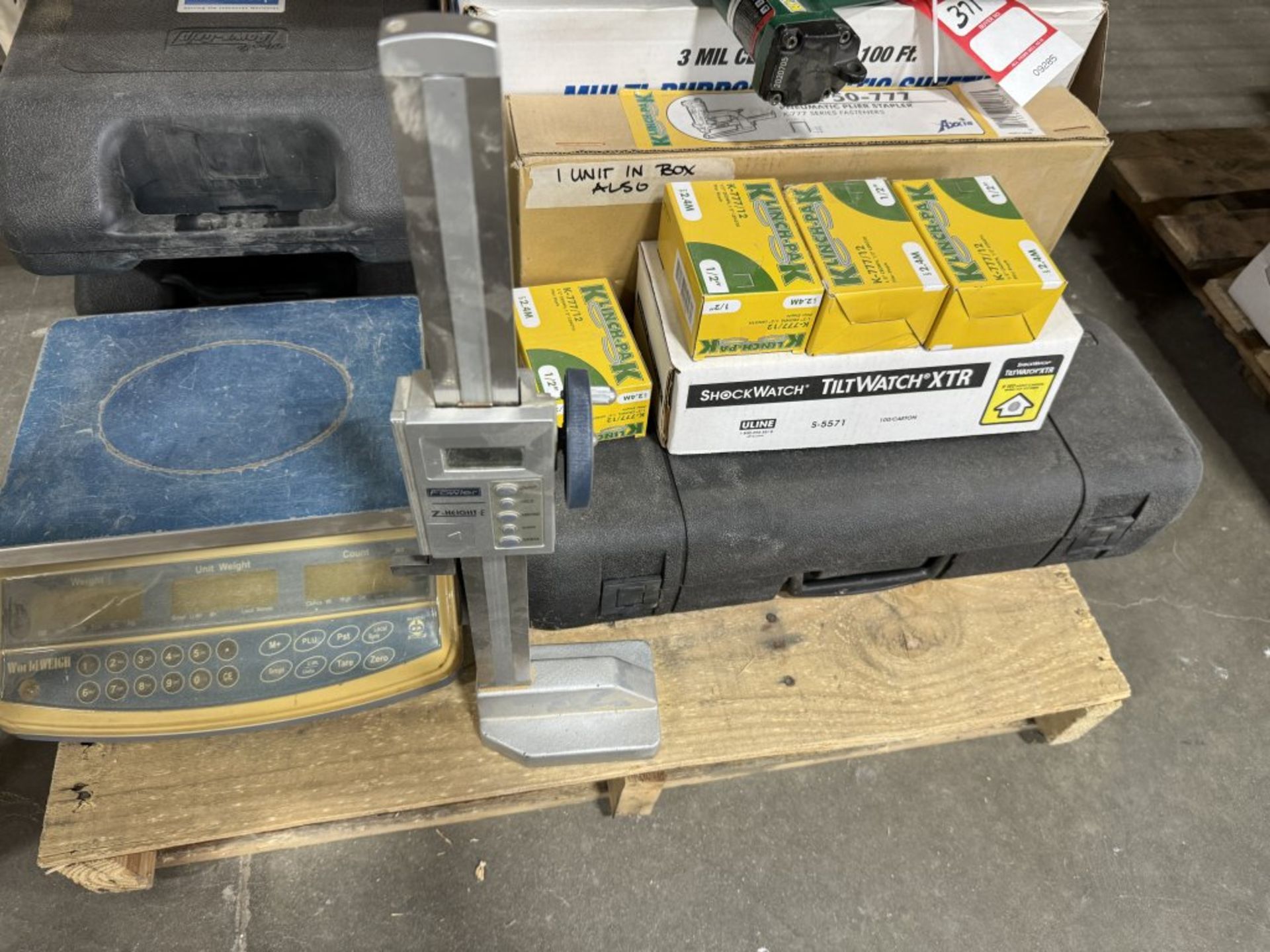 PALLET OF ASSORTED SCALES, STAPLES, (2) STAPLE GUNS, EMPTY CASES, ETC. - Image 3 of 6