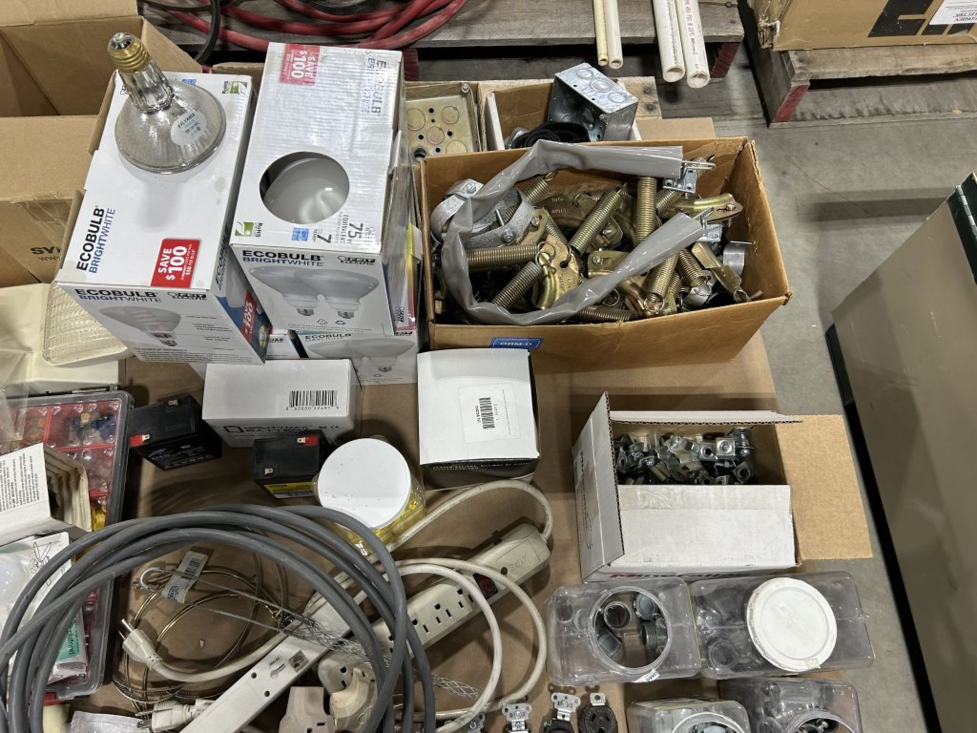 LARGE PALLET FULL OF ASSORTED FUSES, SWITCHES, OUTLETS, LIGHT BULBS, SPRINGS, ETC. - Image 6 of 7