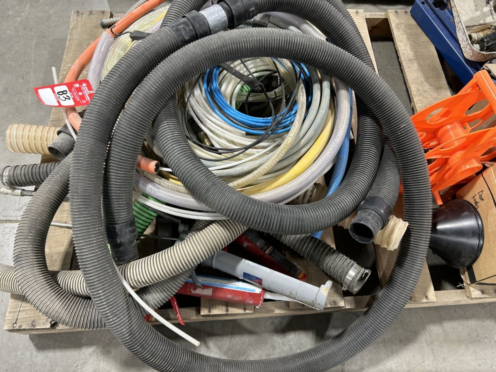 PALLET FULL OF ASSORTED HOSES, VARIOUS SIZES, WITH ASSORTED FUNNELS, PARTS, PIECES, TACK LIFE 2- - Image 3 of 9