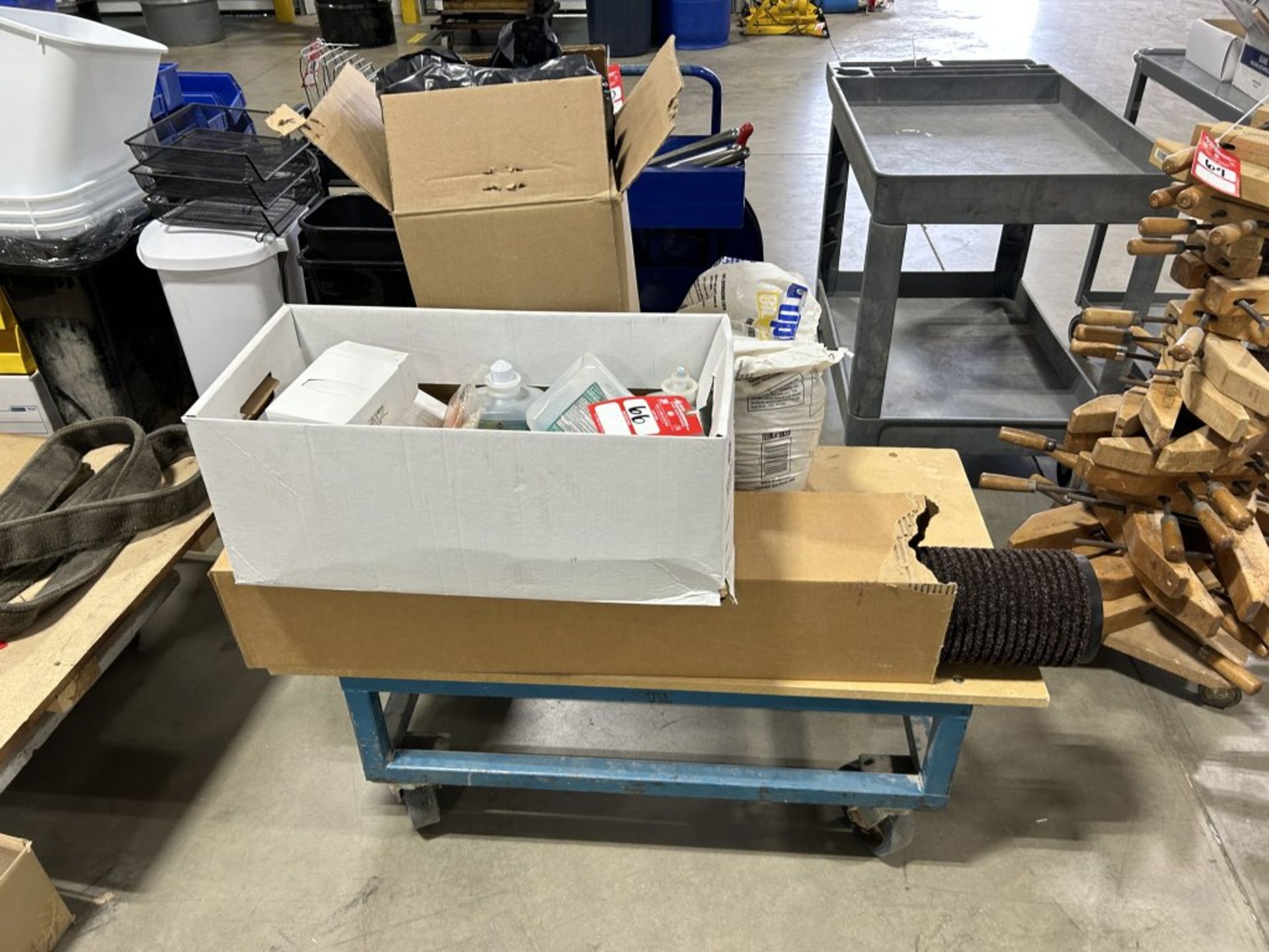 METAL FRAME ROLL-AROUND CART 44" X 25", BOX WITH BOTTLES OF ANTIBIOTIC FOAM, TOWELS, BAG OF