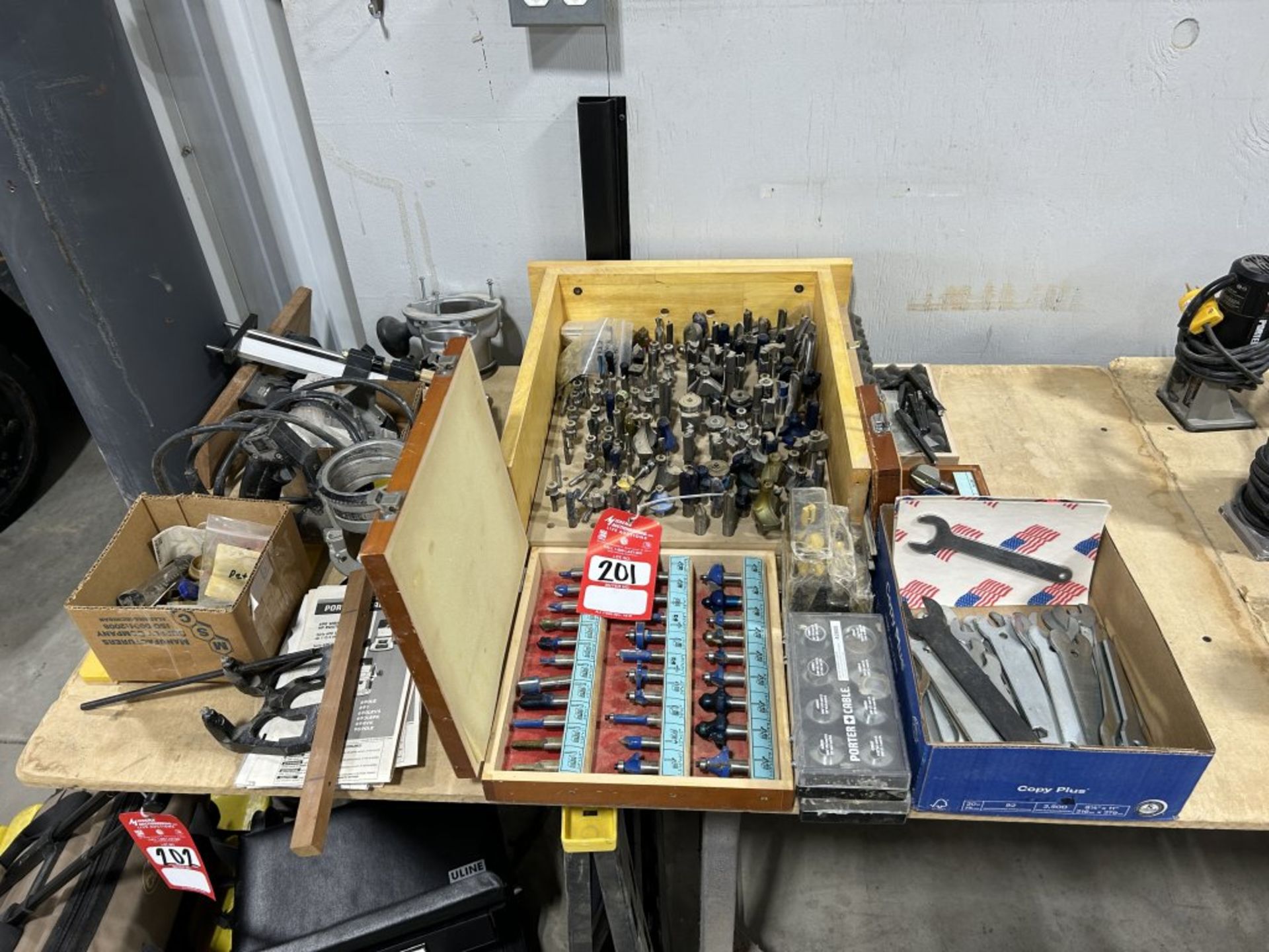 LARGE LOT OF ASSORTED ROUTER BITS, WRENCHES, HANDLES, PARTS, ETC.