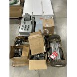 PALLET FULL OF APPROX. (7) ASSORTED SIZE ELECTRICAL PANELS, HAND TRUCK TIRES, CASTERS, BREAKER